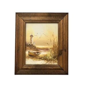 🎉SALE🎉 Framed Oil Painting Coastal Lighthouse‎ Seascape Beach Scene Signed